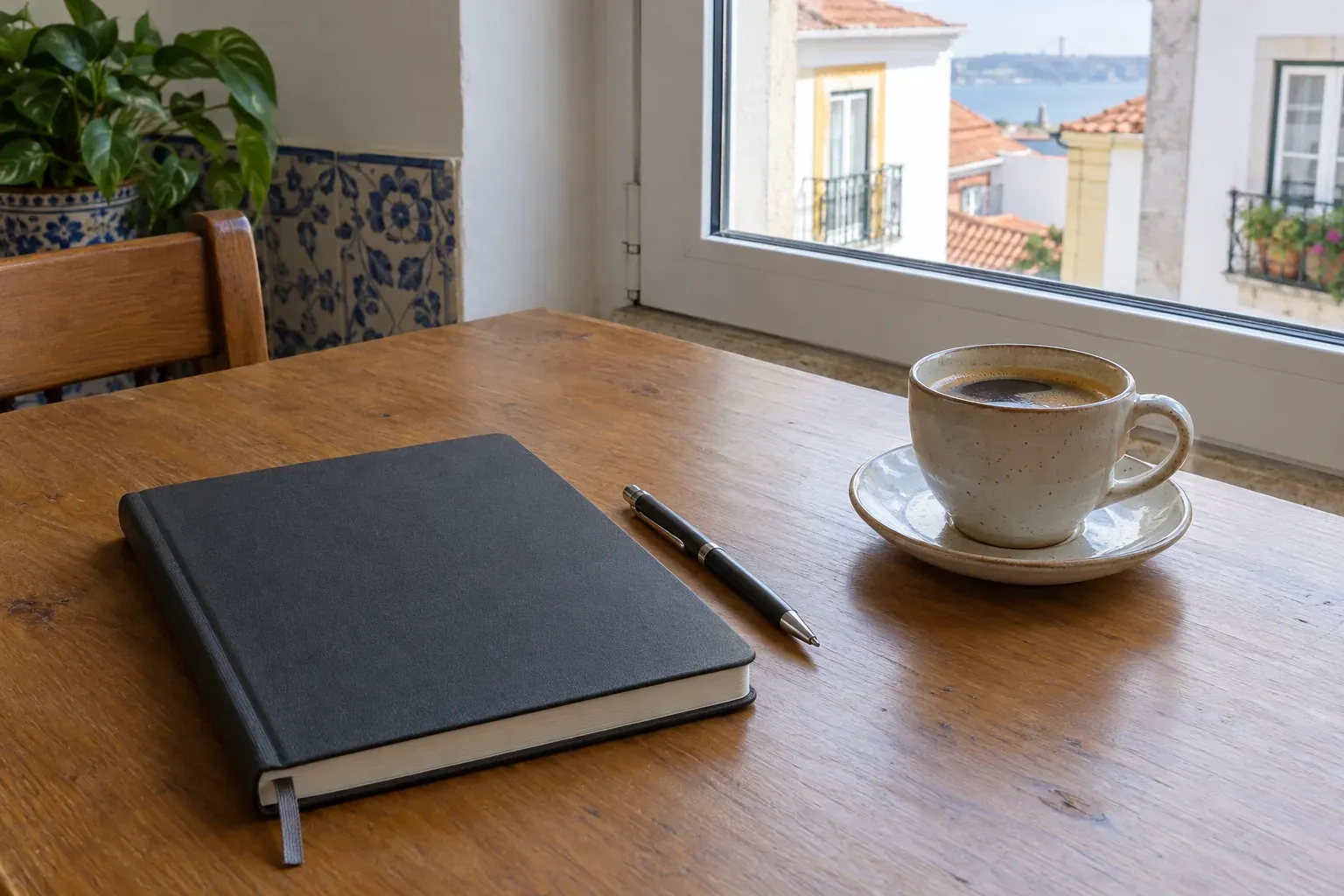 Caderno fechado e caneta sobre uma mesa de madeira, junto a uma janela com casas de telhados vermelhos ao fundo.