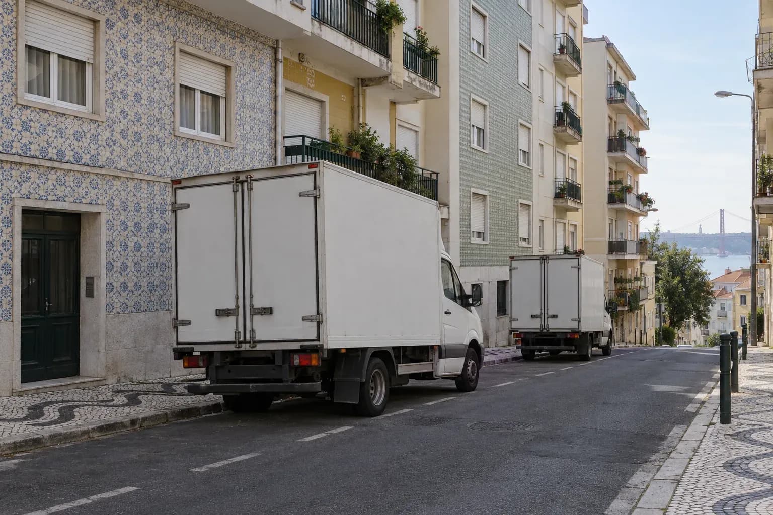 Duas carrinhas brancas estacionadas numa rua de bairro, com fachadas de azulejo e calçada portuguesa.