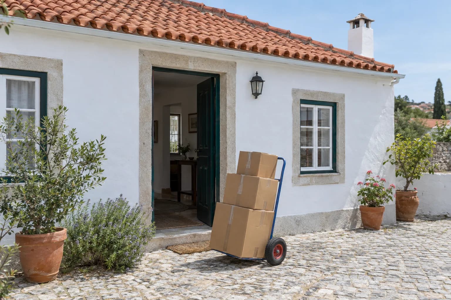 Caixas de cartão fechadas com fita-cola, empilhadas num carrinho de mão à porta de uma casa caiada com telhado de telha.