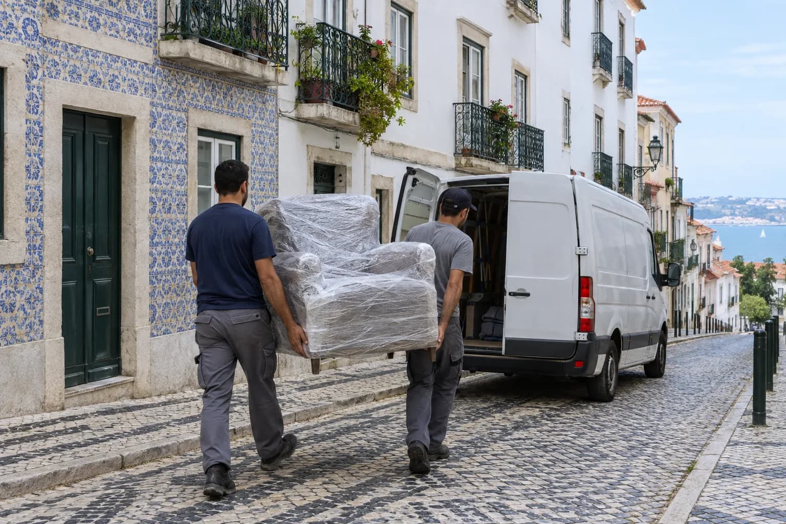 Dois homens de roupa de trabalho levam um móvel embrulhado em plástico por uma rua de calçada até uma carrinha branca. Nas fachadas há azulejos, e ao fundo vê-se o rio.