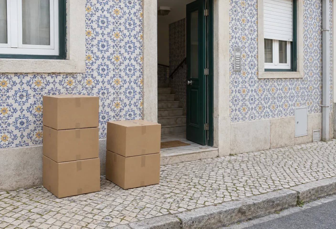 Duas pilhas de caixas de cartão no passeio, junto à porta de um prédio com azulejos.