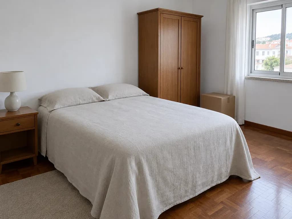 Exemplo de quarto com cama feita e armário de madeira, depois de uma mudança.
