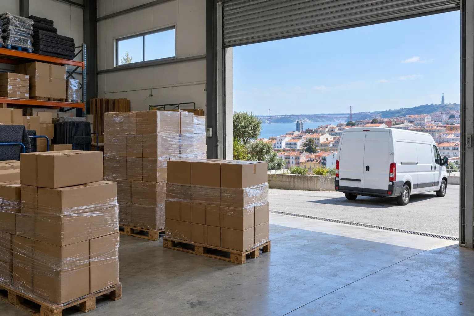 Armazém com paletes de caixas embaladas em película extensível e uma carrinha branca lá fora, vista pela porta aberta.
