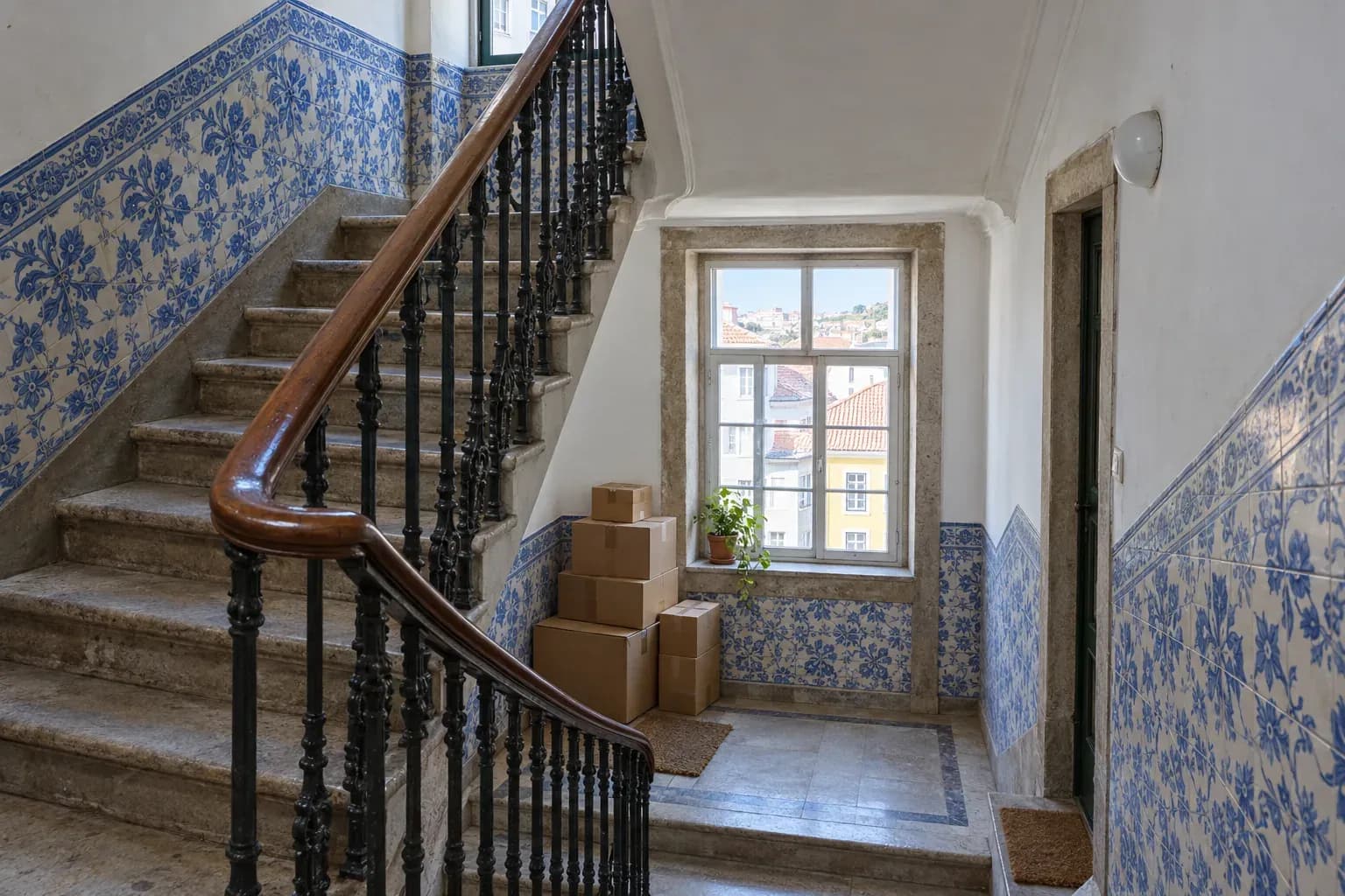 Escadaria de um prédio antigo com azulejos azuis e brancos, com caixas de cartão empilhadas junto a uma janela.